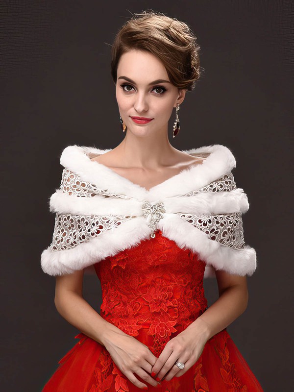 Faux Fur Off-the-Shoulder Sleeveless Shawl with Lace/Beading #LDB03040026