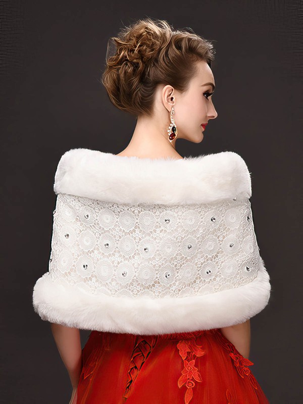 Faux Fur Sleeveless Shawl with Lace/Beading