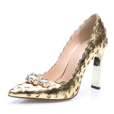 Women's Gold Real Leather Chunky Heel Pumps #LDB03030676