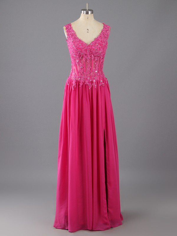 V-neck Fuchsia Chiffon Appliques Lace and Split Front A-line Prom Dress #LDB02014226