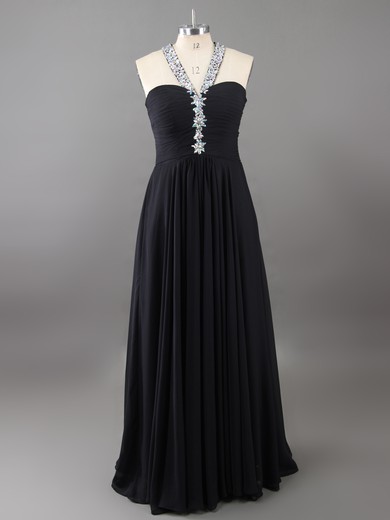 A-line Open Back Crystal Detailing Black Chiffon V-neck Prom Dresses #LDB02022530