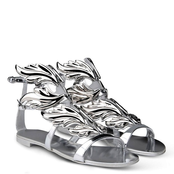 Women's Silver Patent Leather Flat Heel Sandals