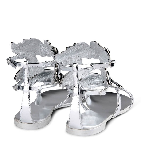 Women's Silver Patent Leather Flat Heel Sandals