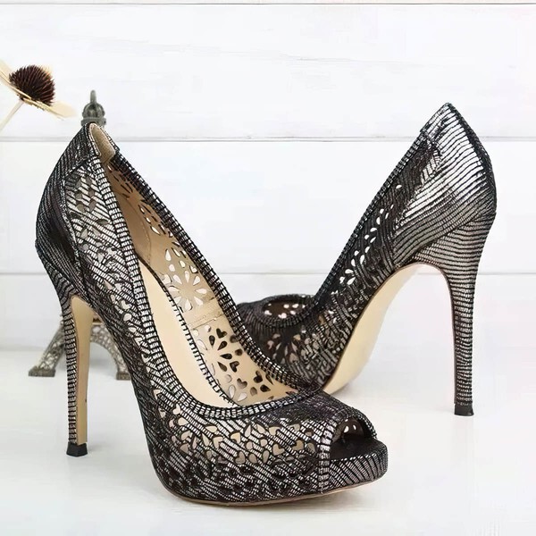 Women's Dark Gray Real Leather Stiletto Heel Pumps #LDB03030734