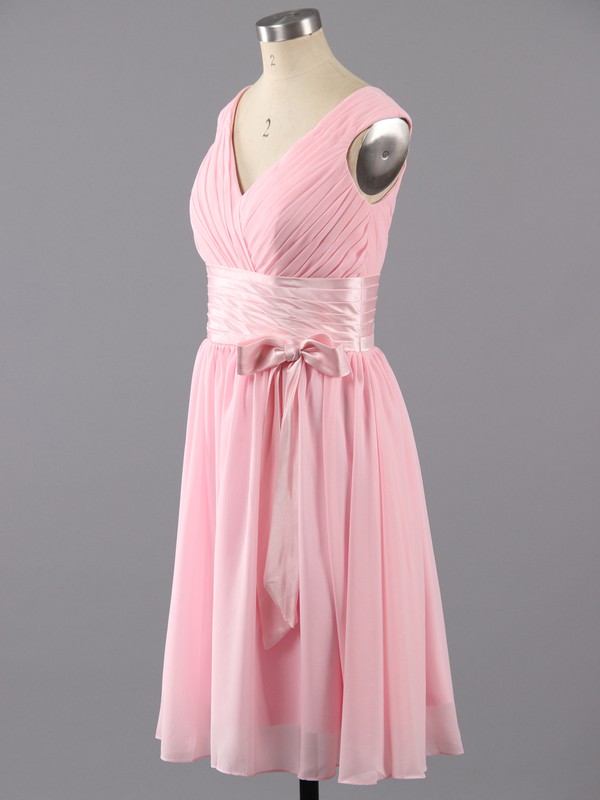 Simple Knee-length with Ruffles V-neck Pink Chiffon Prom Dresses #LDB02042387