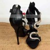 Women's Black Real Leather Stiletto Heel Sandals #LDB03030759