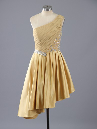Affordable Gold Elastic Woven Satin Asymmetrical Beading One Shoulder Prom Dress #LDB02111386