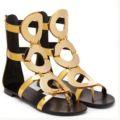 Women's Gold Patent Leather Flat Heel Sandals #LDB03030780