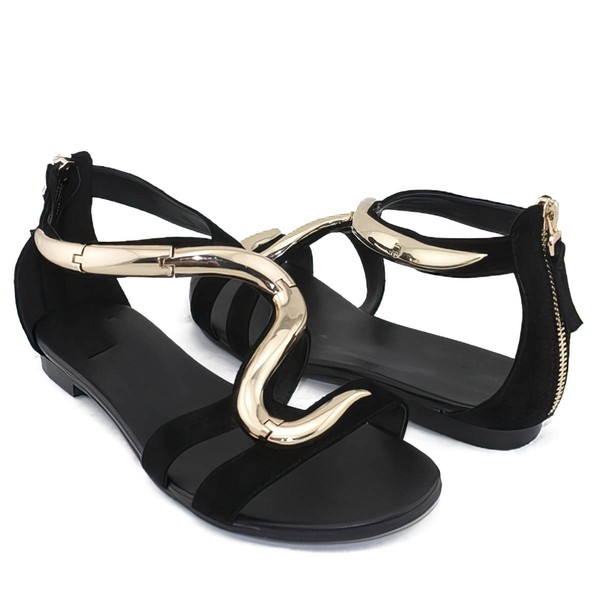 Women's Black Suede Flat Heel Sandals #LDB03030784