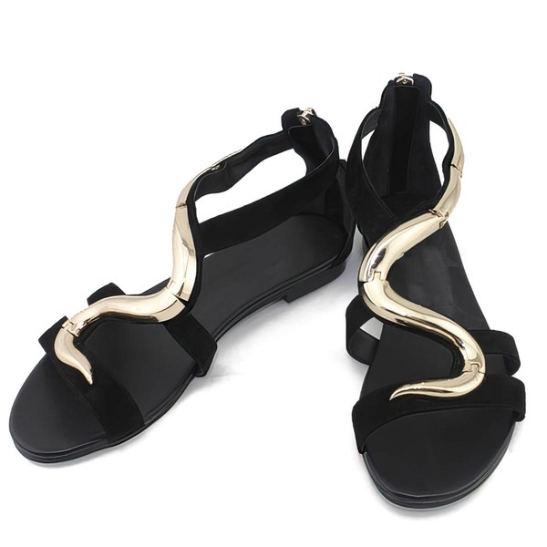 Women's Black Suede Flat Heel Sandals #LDB03030784