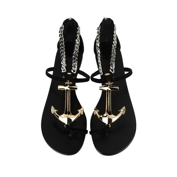Women's Black Real Leather Flat Heel Sandals #LDB03030795