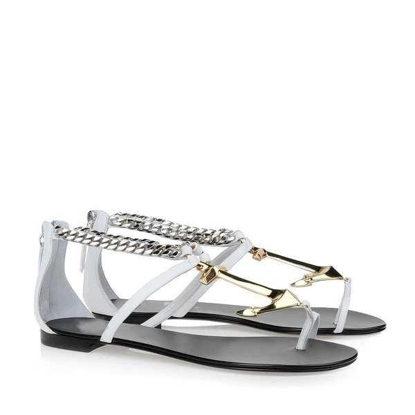Women's White Real Leather Flat Heel Sandals