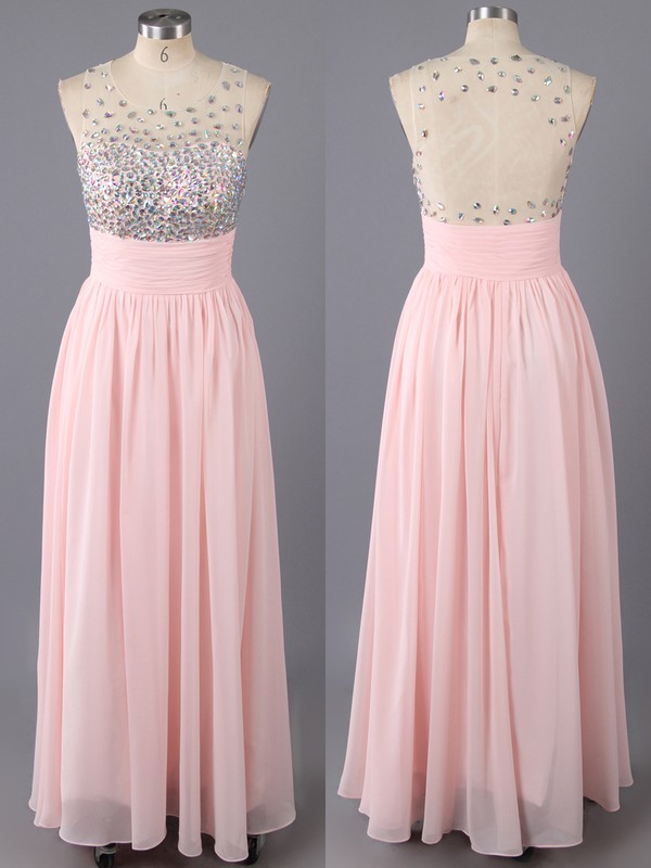 Inexpensive Scoop Neck Tulle Chiffon Crystal Detailing Pearl Pink A-line Prom Dresses #LDB02014822