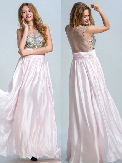 Inexpensive Scoop Neck Tulle Chiffon Crystal Detailing Pearl Pink A-line Prom Dresses #LDB02014822
