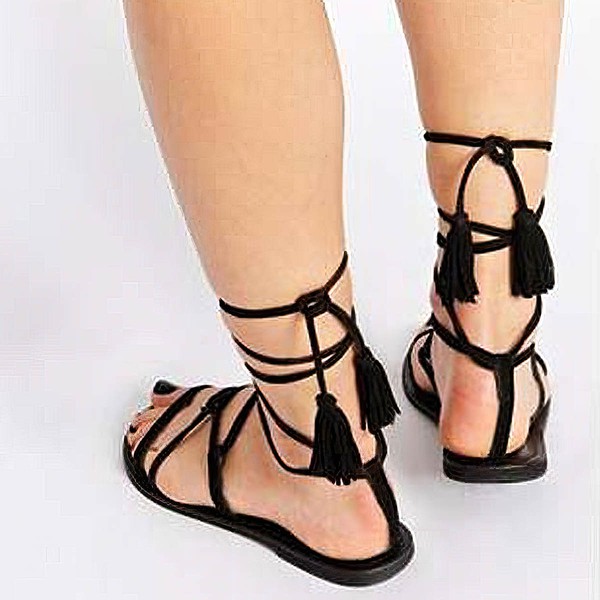 Women's Black Suede Flat Heel Sandals