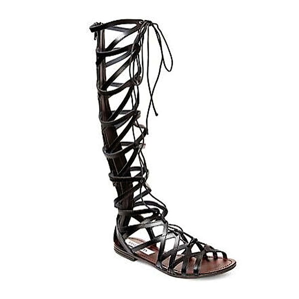 Women's Black Real Leather Flat Heel Sandals #LDB03030828