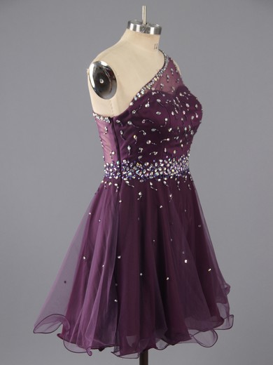 Sweet Short/Mini Purple Tulle Beading One Shoulder Prom Dresses #LDB02042347