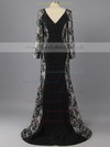 Black Lace Silk-like Satin Trumpet/Mermaid Ruffles Long Sleeve Scoop Neck Prom Dress #LDB02016964