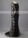 Black Lace Silk-like Satin Trumpet/Mermaid Ruffles Long Sleeve Scoop Neck Prom Dress #LDB02016964