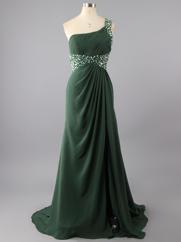 Simple Sheath/Column Backless Dark Green Chiffon Beading One Shoulder Prom Dresses #LDB02014848