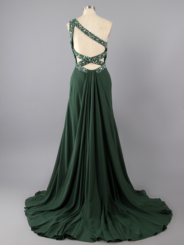 Simple Sheath/Column Backless Dark Green Chiffon Beading One Shoulder Prom Dresses #LDB02014848