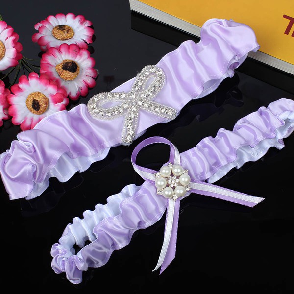 Satin Garters with Bowknot/Imitation Pearls/Crystal #LDB03090040