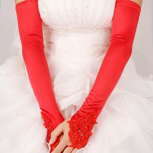 White Elastic Satin Opera Length Gloves with Beading/Sequins #LDB03120023
