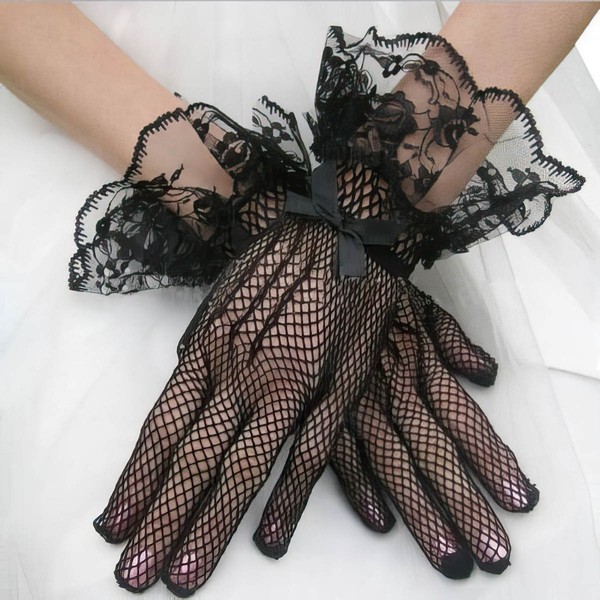 White Tulle Wrist Length Gloves with Bow #LDB03120024