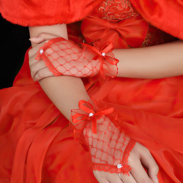 White Tulle Wrist Length Gloves with Bow #LDB03120035