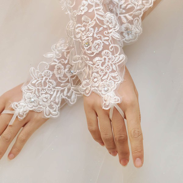 White Tulle Elbow Length Gloves with Beading/Appliques