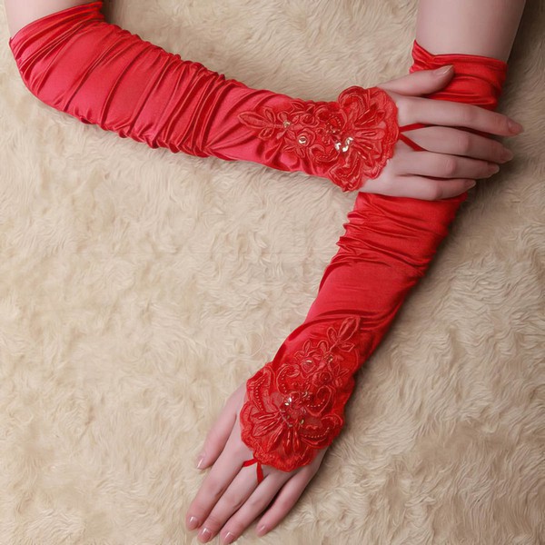 White Elastic Satin Elbow Length Gloves with Lace/Beading/Sequins #LDB03120039