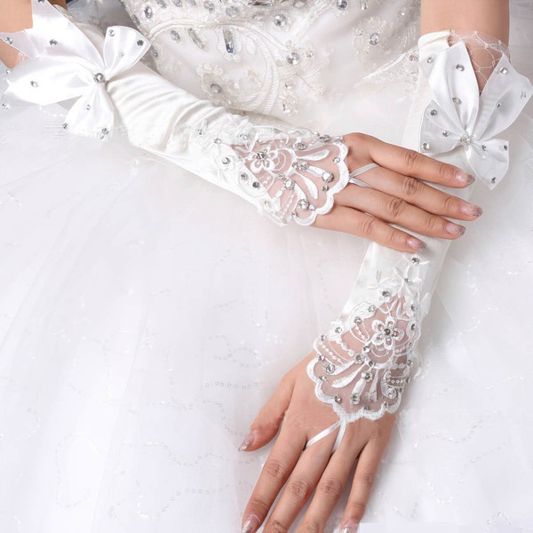 White Elastic Satin Elbow Length Gloves with Lace/Bow/Rhinestone #LDB03120041