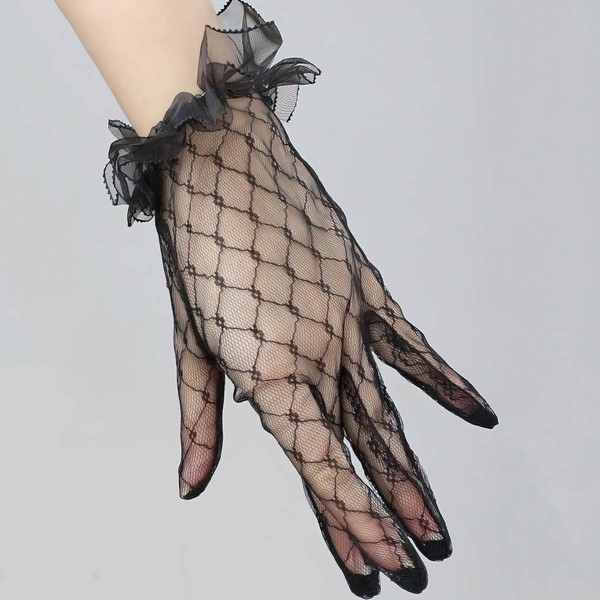 White Tulle Wrist Length Gloves with Ruffles #LDB03120042