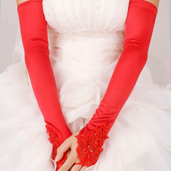 White Elastic Satin Opera Length Gloves with Lace #LDB03120047