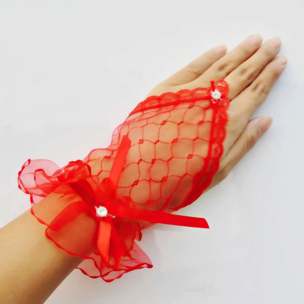Ivory Tulle Wrist Length Gloves with Lace/Pearls/Bow