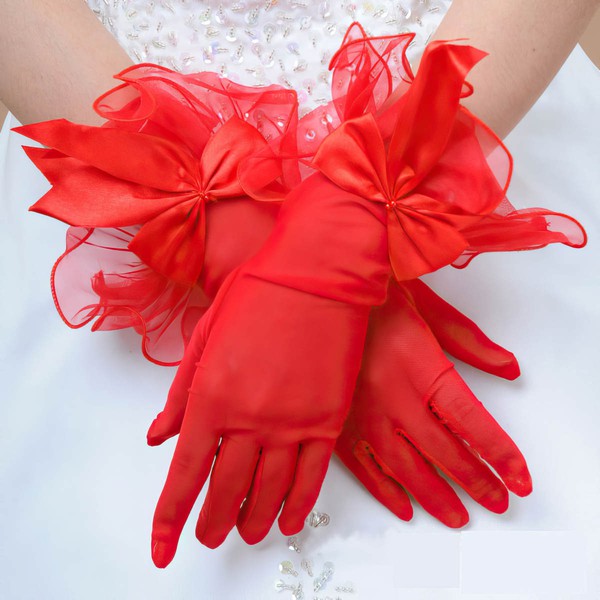 Red Tulle Wrist Length Gloves with Bow
