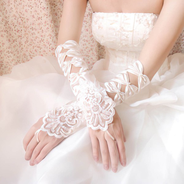 White Elastic Satin Elbow Length Gloves with Lace/Beading/Sequins