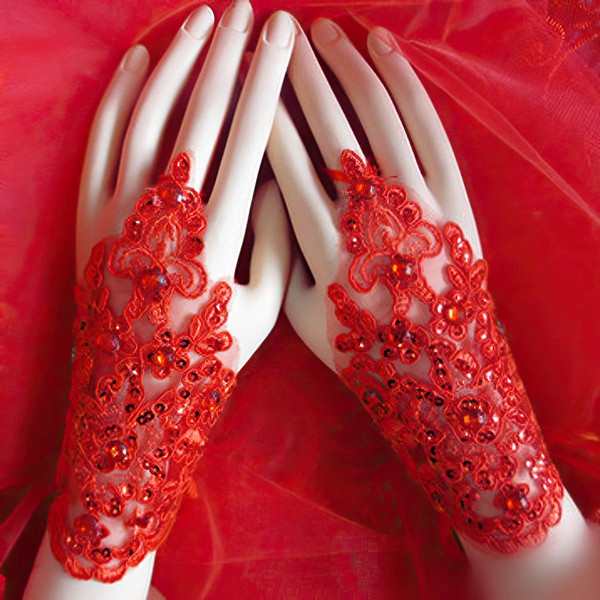Red Lace Wrist Length Gloves with Sequins #LDB03120054
