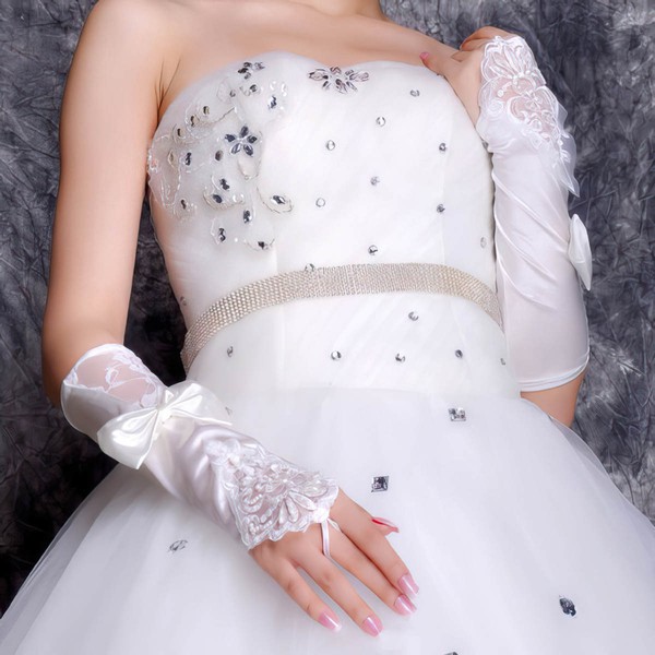 White Elastic Satin Elbow Length Gloves with Lace/Bow/Beading #LDB03120057