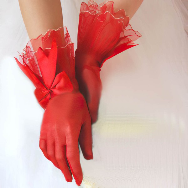 Ivory Tulle Wrist Length Gloves with Bow #LDB03120063