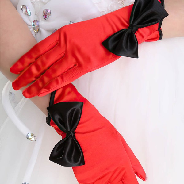 White Elastic Satin Wrist Length Gloves with Bow