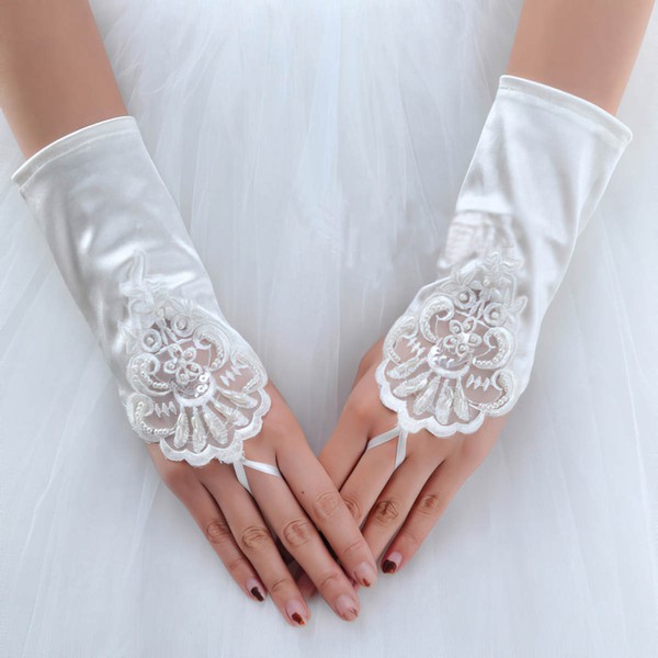 White Elastic Satin Wrist Length Gloves with Lace/Sequins #LDB03120072