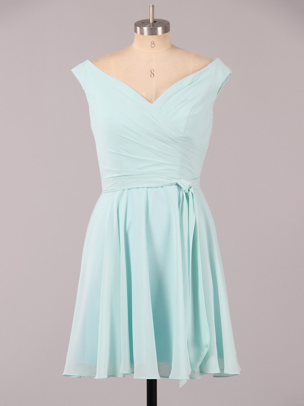 Off-the-shoulder Ruffles Chiffon Cute Blue Short/Mini Bridesmaid Dress #LDB01012079