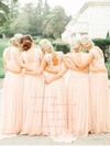 Elegant Sweep Train Pearl Pink Chiffon Lace Scoop Neck Bridesmaid Dresses #LDB01012467