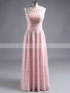 Elegant Sweep Train Pearl Pink Chiffon Lace Scoop Neck Bridesmaid Dresses #LDB01012467