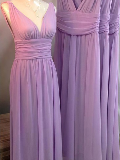Simple A-line Lilac Chiffon Ruffles V-neck Bridesmaid Dresses #LDB01012590