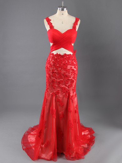 Backless V-neck Tulle Appliques Lace Red Trumpet/Mermaid Evening Dress #LDB02023561