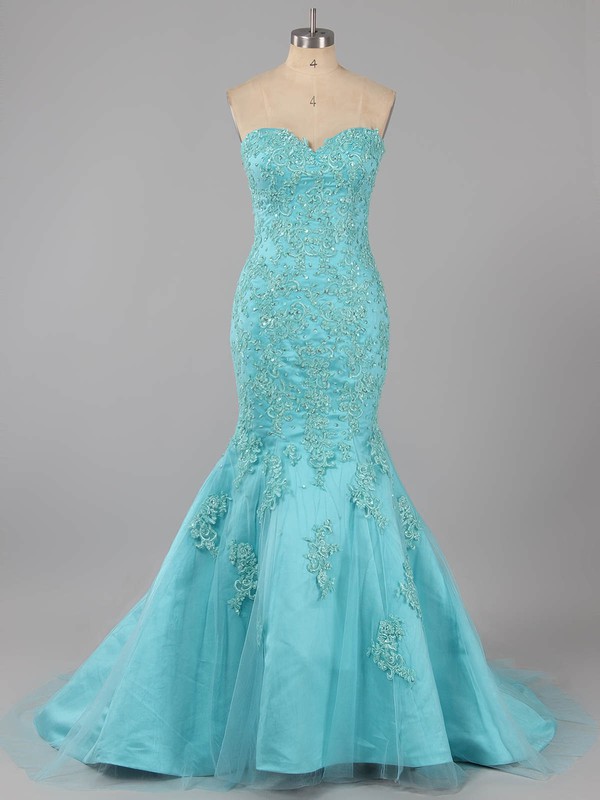 Trumpet/Mermaid Blue Taffeta Tulle Appliques Lace Sweep Train Lace-up Prom Dresses #LDB020100135