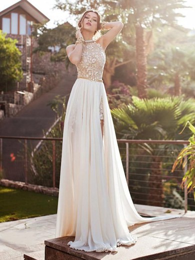 Ivory Chiffon with Appliques Lace Scoop Neck Open Back Unique Prom Dresses #LDB02017378