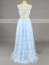 Two Piece Scoop Neck Blue Chiffon with Beading A-line Unique Prom Dress #LDB020100065